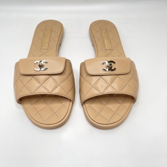CHANEL Shoes - ❌❌SOLD Chanel Beige Slides Sandals Gold CC Logo Turnlock Sandal Flip Flop